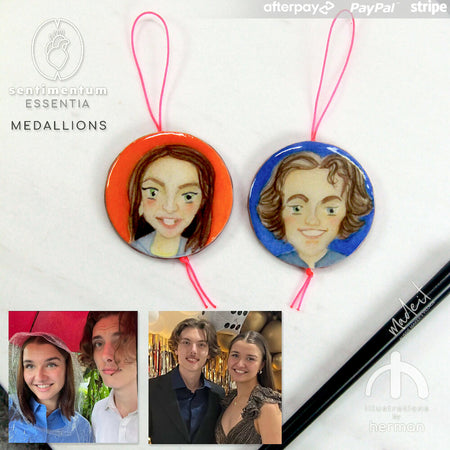 Sentimentum Essentia | Watercolour | Personalised Medallions | 5cm disc | Cartoon Portrait