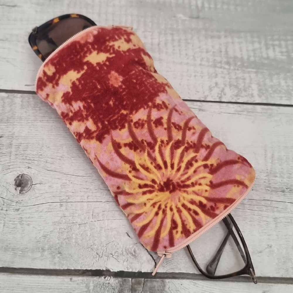 Upcycled double glasses case - peachy, musk & yellow velour