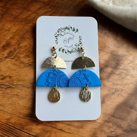 Blue mandala half circle earrings