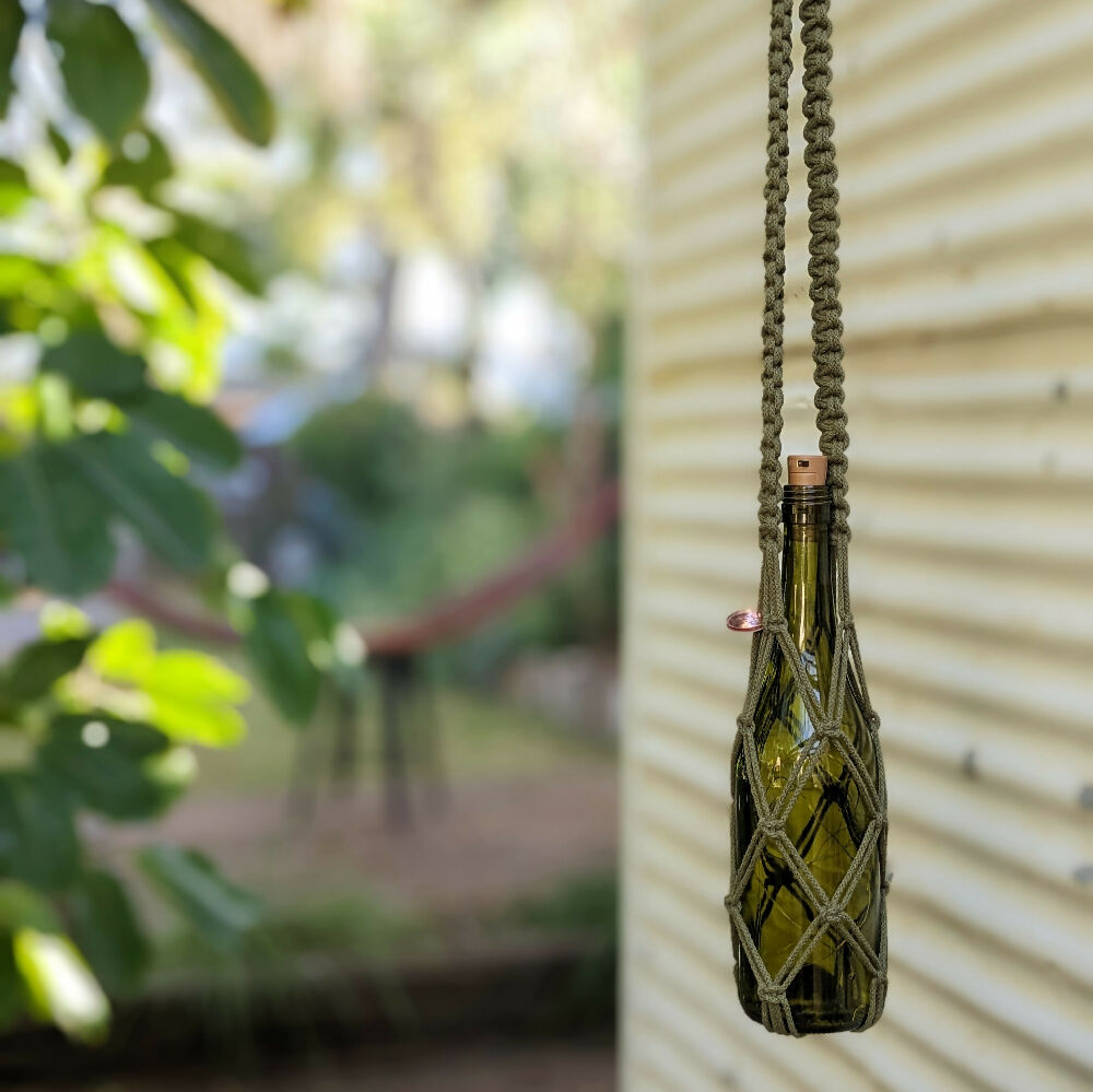 Macrame hanging wine bottle lights