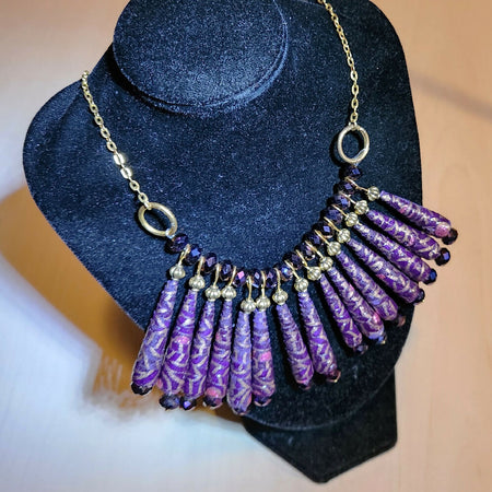 Beaded necklace. Paper bead and crystal. Purple and gold.