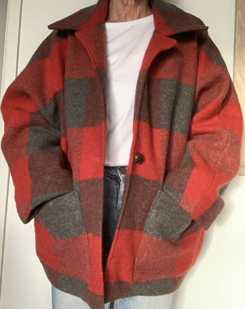 Red Wool blanket jacket/ wool jacket/ upcycled blanket jacket/ size medium/large