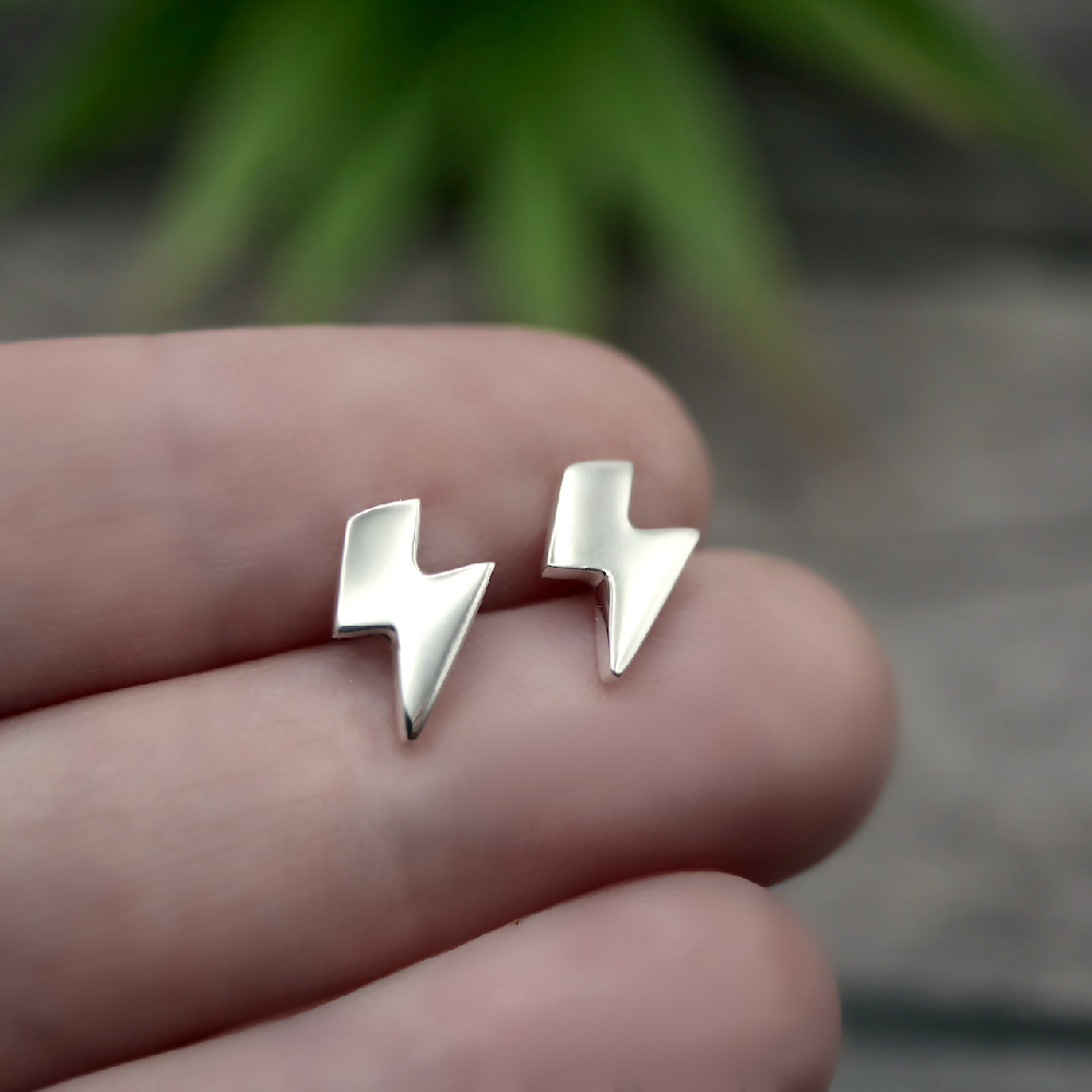 Lightning Bolt Studs - Handmade Sterling Silver Thunderbolt Stud Earrings