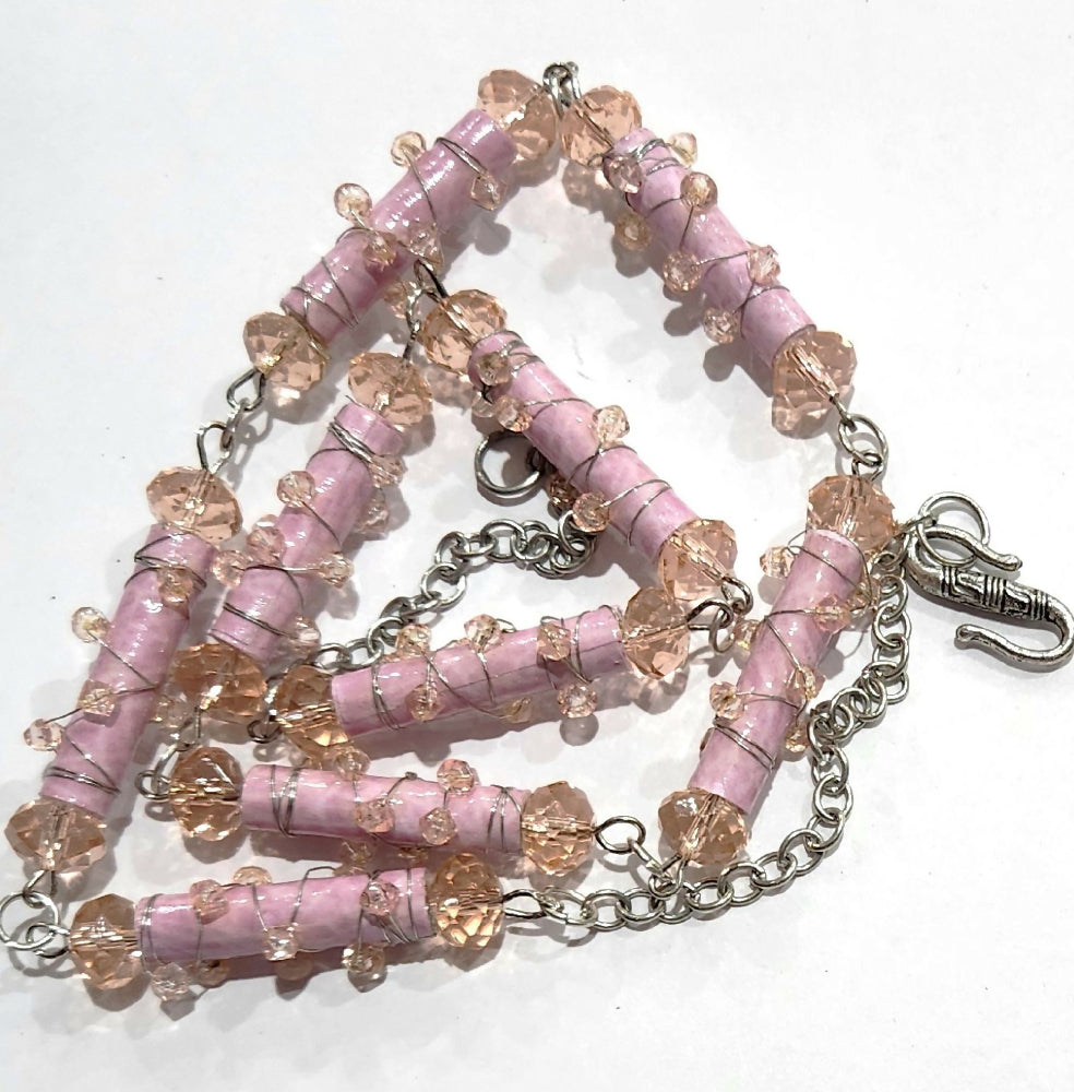 Beaded necklace, pink wire wrap paper beads.