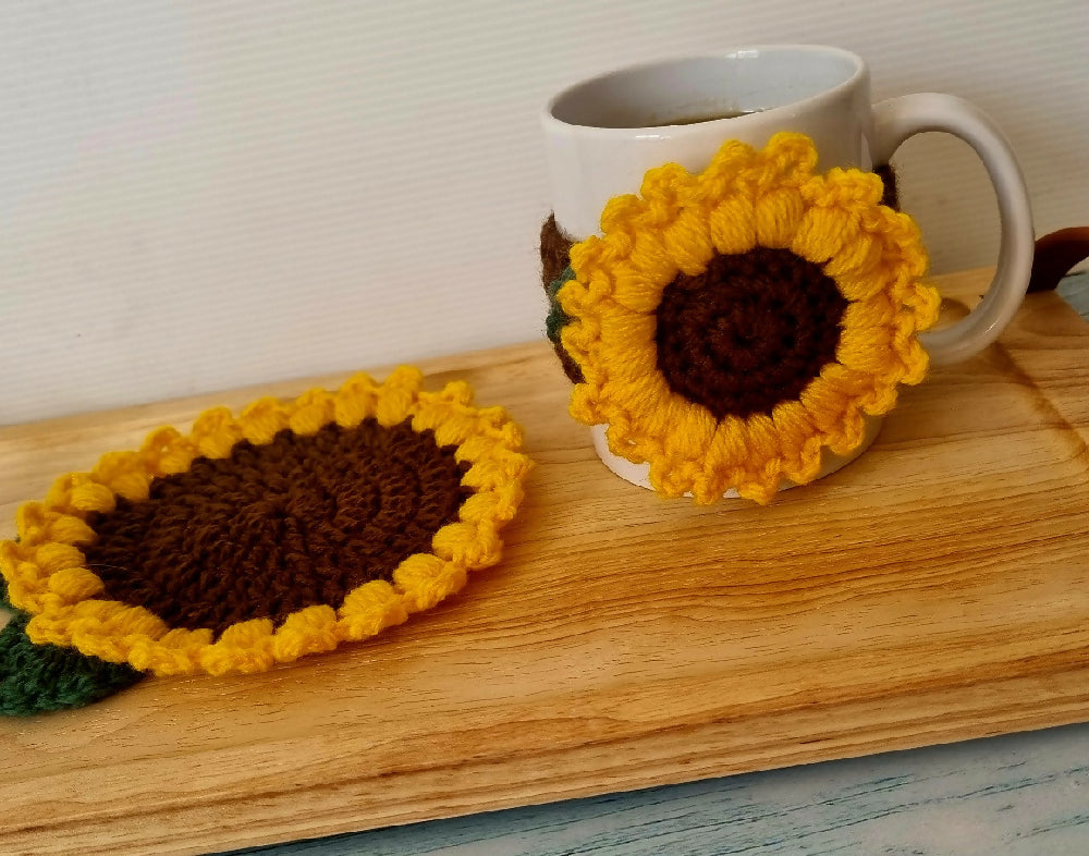 Crochet Sunflower Mug Cosy & Coaster Set