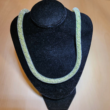 White nylon mesh, green bead filled, long necklace