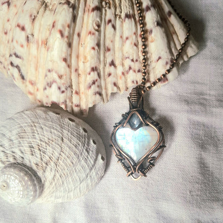 Rainbow Moonstone heart with Belomorite Moonstone pendant in Copper with chain - LOCAL PICKUP