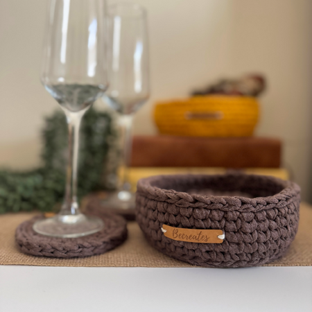 Handmade Chocolate Brown Coaster Set with Matching Basket