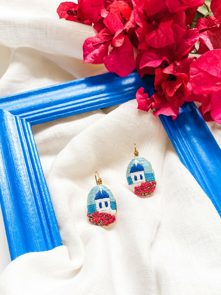 Santorini Hand Embroidered Earrings – Timeless Beauty of the Greek Islands - Oval