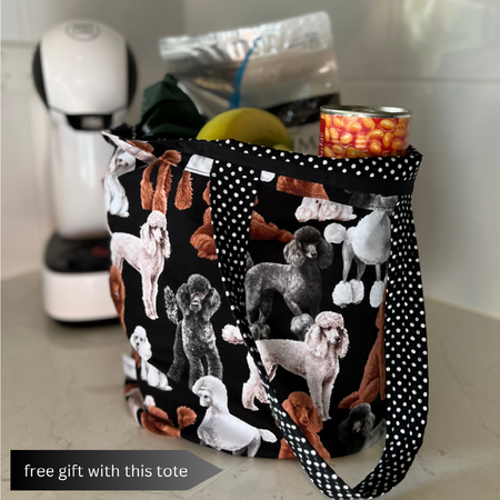 Grocery Tote ..Lined with storage pouch .. Poodles