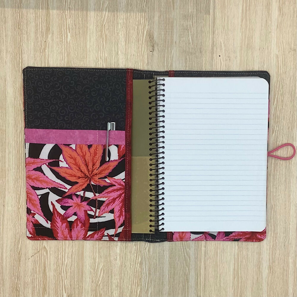 Pink Maple Leaves refillable A5 fabric notebook cover gift set - Incl. book and pen.