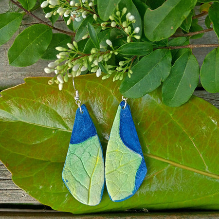 Large abstract snapped leaf earrings Blue and Green