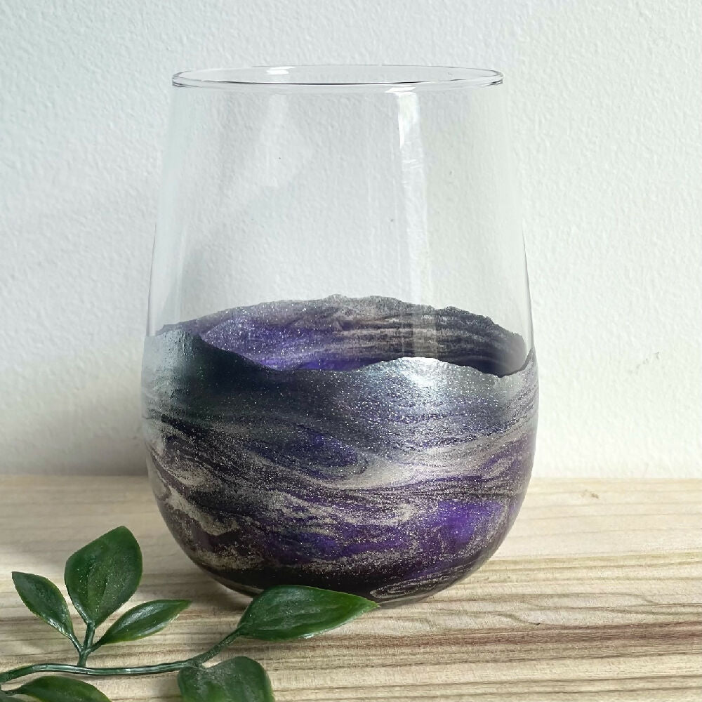 Purple and Silver Stemless Wine Glass