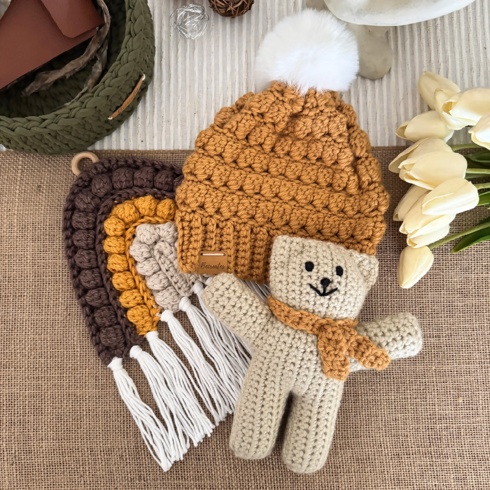 Handmade Earth Baby Gift Set – Bear, Beanie and Wall Hanging-Mustard (2)