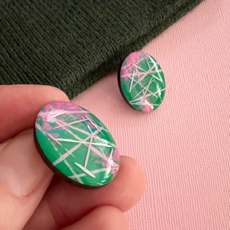 Painted Green Wood Statement Stud Earrings