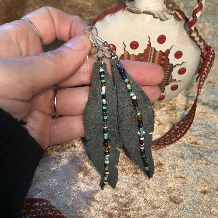 Teal Leather Feather Earrings with Beads