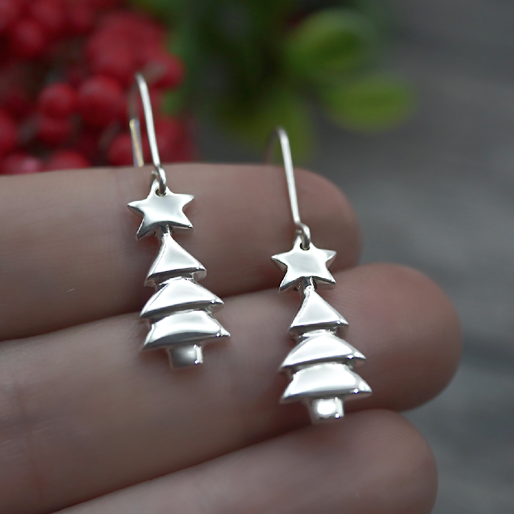 christmas tree earrings sterling silver hand sml