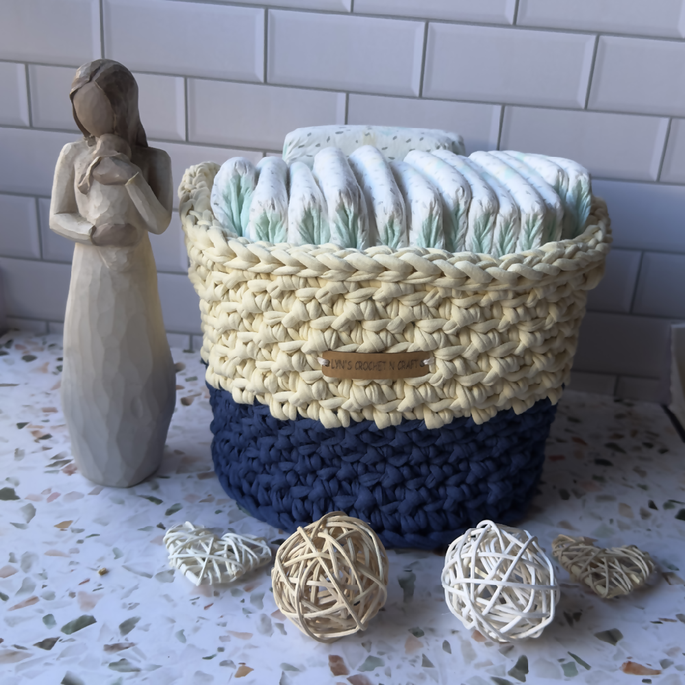 Handmade | Home Decor | Crochet Basket with handles | Recycled T-Shirt yarn | Blue & Cream