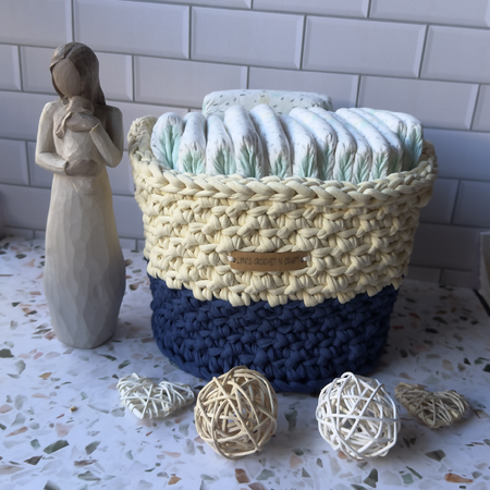 Handmade | Crochet Basket with handles | Blue & Cream