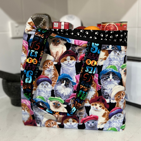 Cats in Hats Grocery Tote ...Lined with storage pouch.