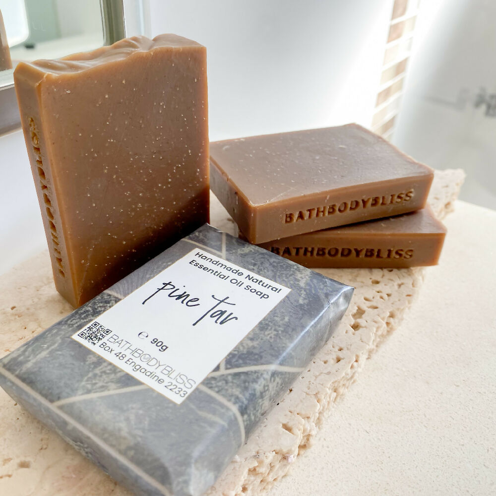 Handmade natural pine tar soap - slim cut - 3 unwrapped soaps & 1 wrapped soap - view 4