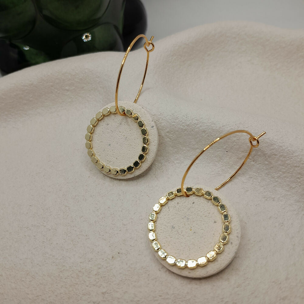 Minimal sandy white and gold charm earrings- hypoallergenic