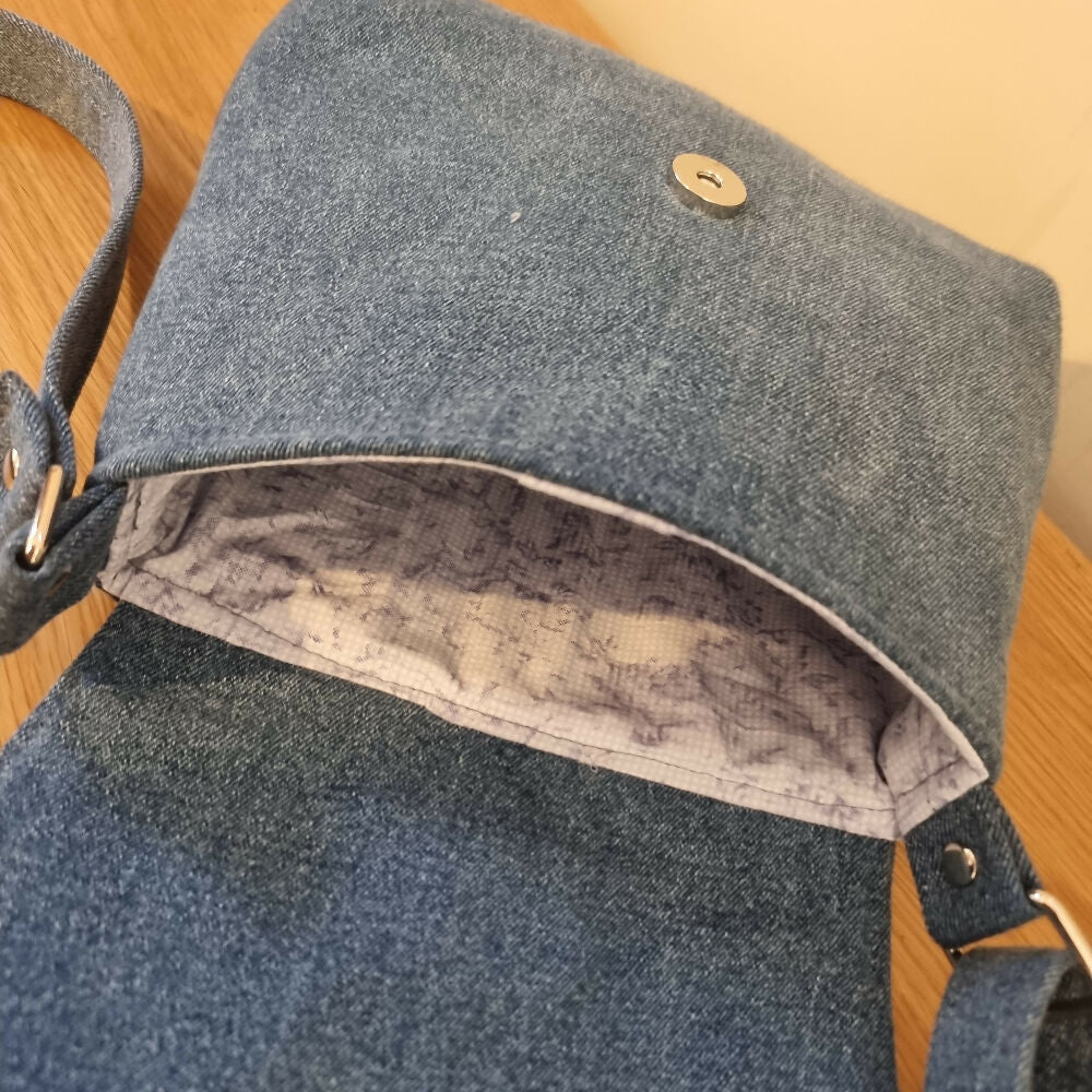 Upcycled mini messenger bag - denim & dusty flowers