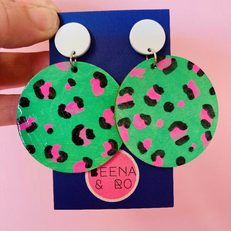 Maxi handpainted pink / green / black animal print earrings