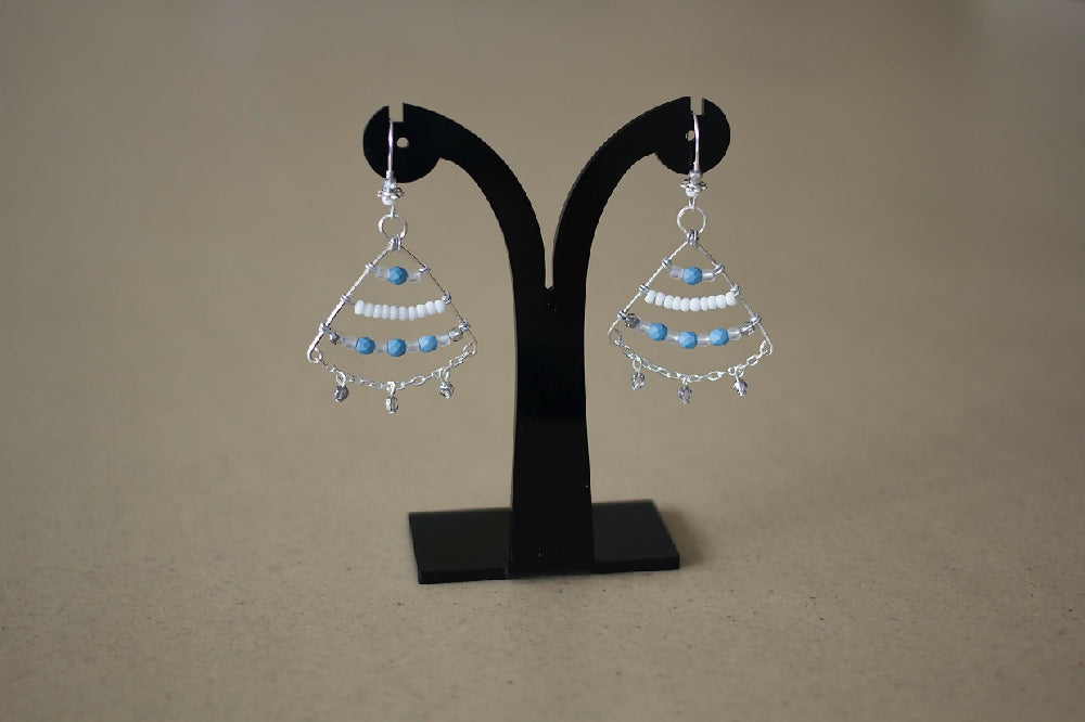 Blue and White Beaded Dangle Earrings, Tribal Style Earrings