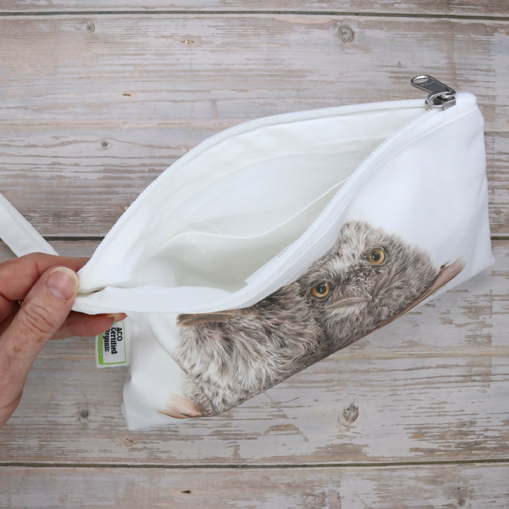 Australian-artist-illustration-tawny-frogmouth-chicks-zip-pouch-clutch-closeup