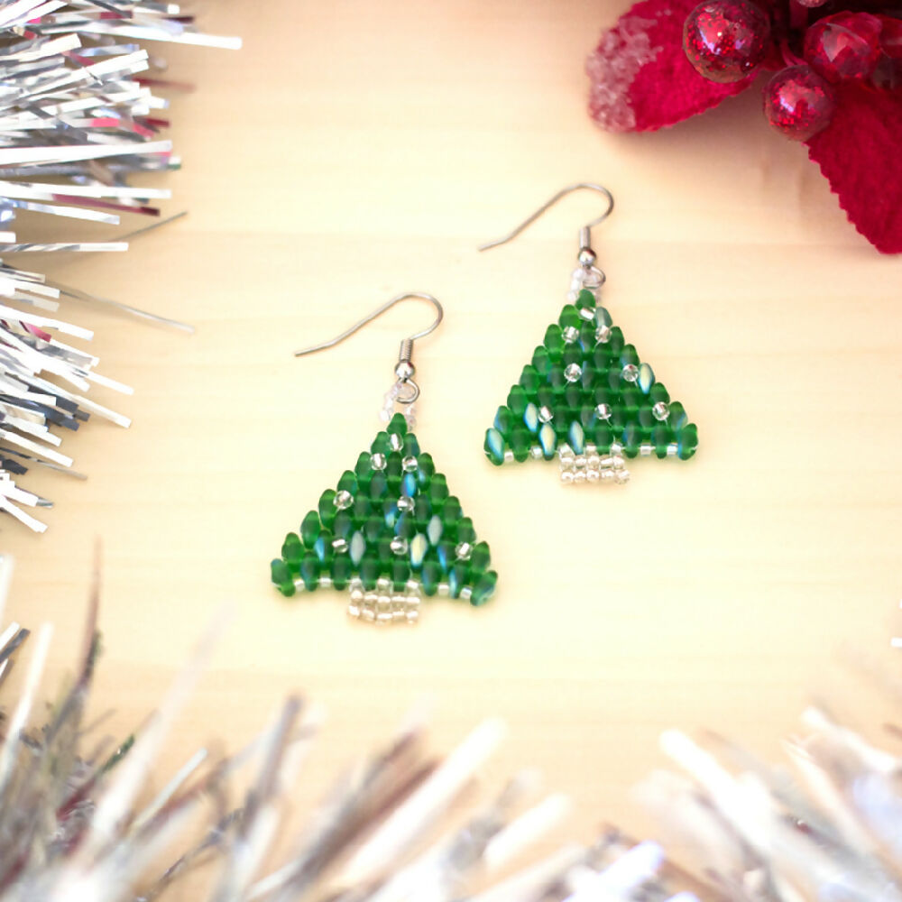 Silver and Green Christmas Tree Earrings