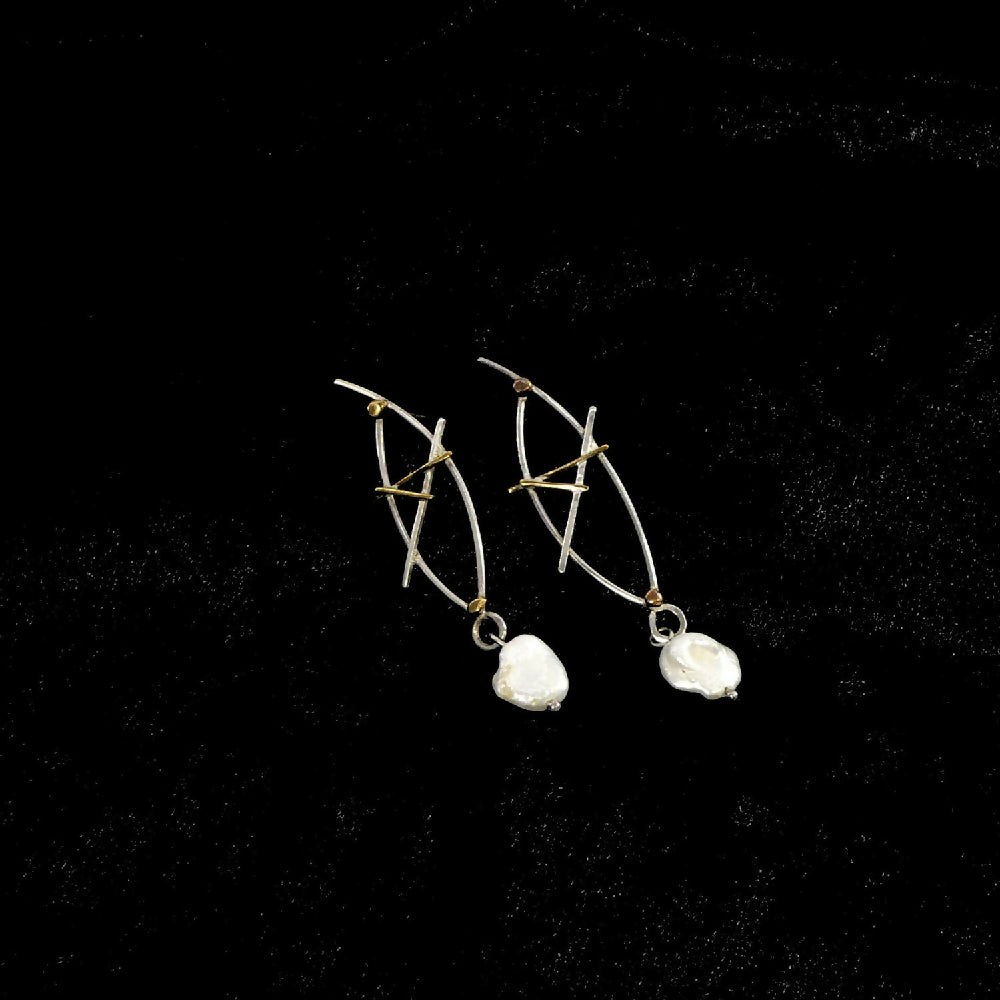 Sterling silver, brass and keshi pearl showcase 2 M001