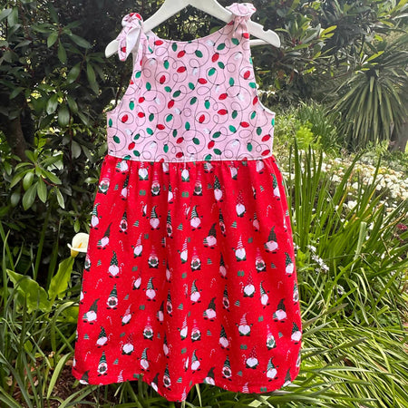 Girls Handmade Red & White Christmas Print Dress | Size 6 | Free Hairclip