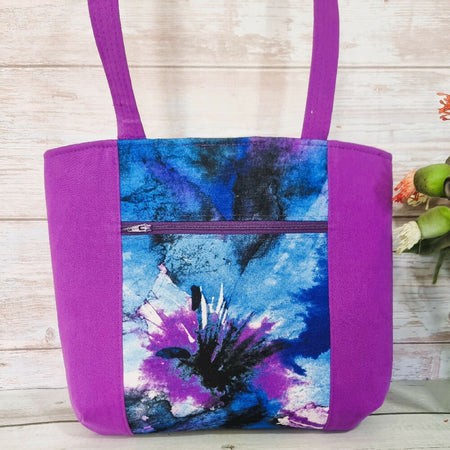 Upcycled small tote bag - purple & blue abstract floral