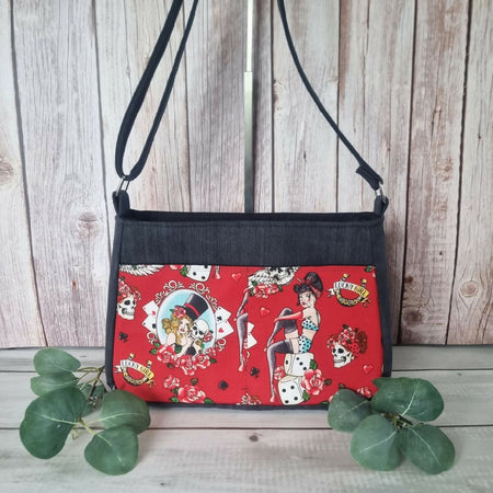 Upcycled zip-top shoulder or crossbody bag - Sailor tattoo inspired - red & charcoal