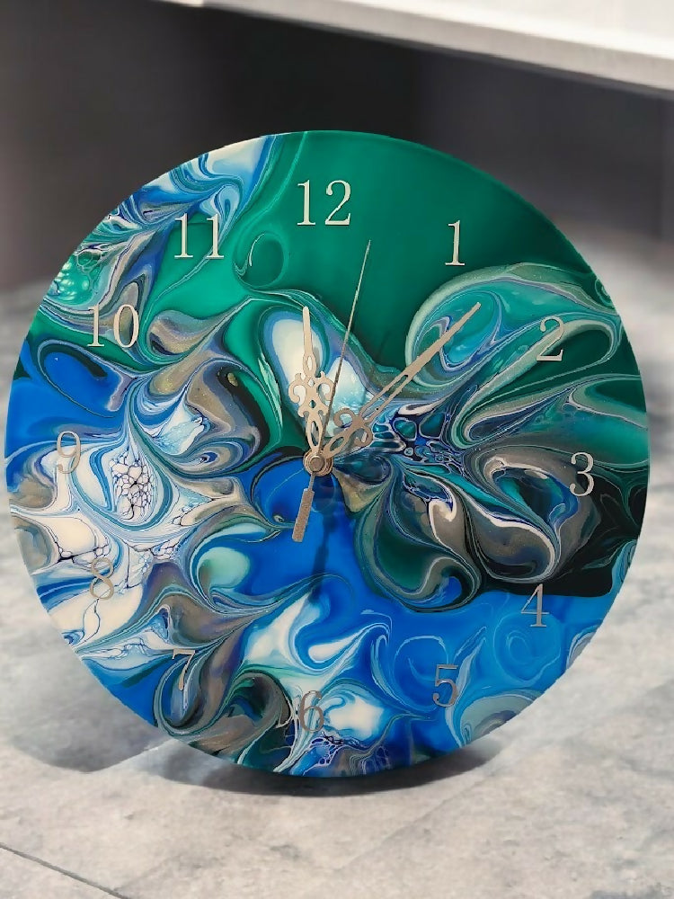 Clock in Blue and Green swirls and Silver-Photoroom