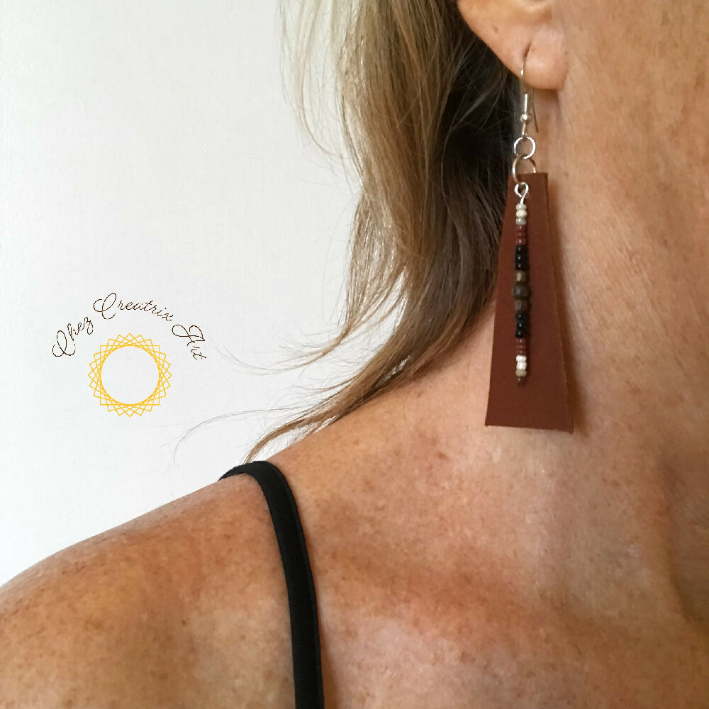 Tan Leather Earrings with Beads