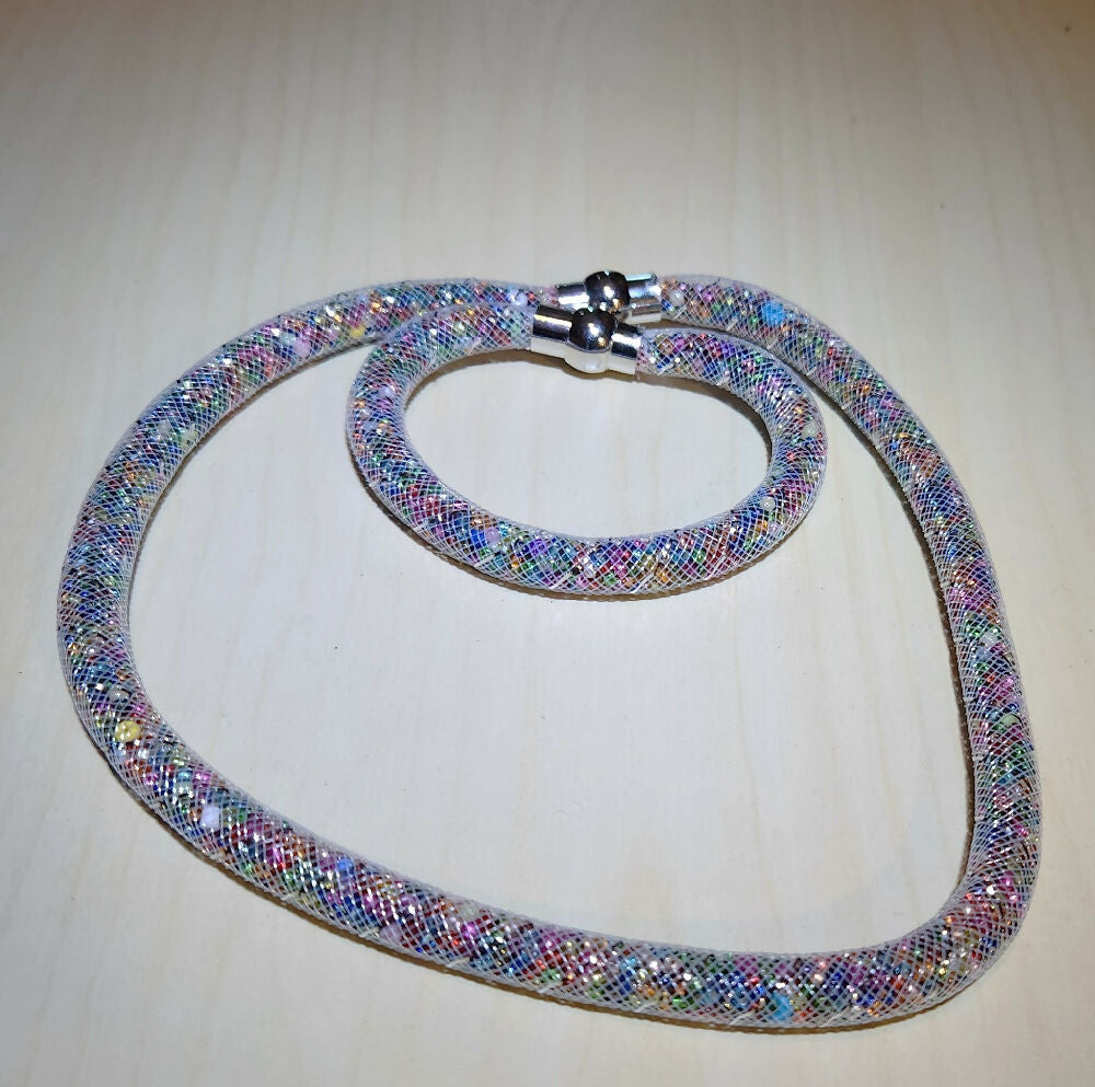 Nylon mesh, bead filled, necklace and bracelet set.