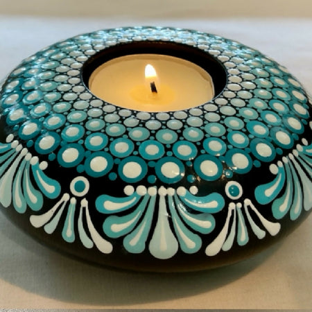 Hand-painted Tea-light Candle Holder Gift Boxed, Teal, White & Black