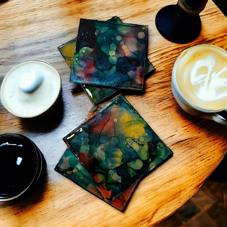 Alcohol Ink / Resin/Timber Coasters GREEN (Set of 4)