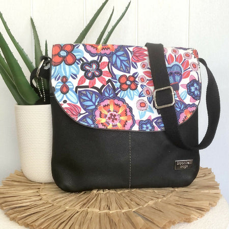 Canvas and Genuine Leather Crossbody Bag with Firework Flora