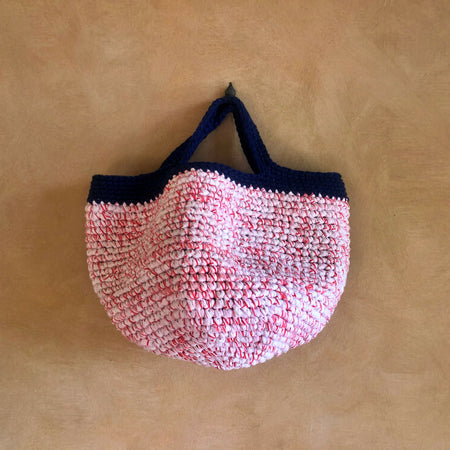 Basket Hand Bag / Red and White Bag with Navy handle