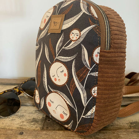 Convertible Backpack/Crossbody Bag - Flower Faces/Tan Corduroy