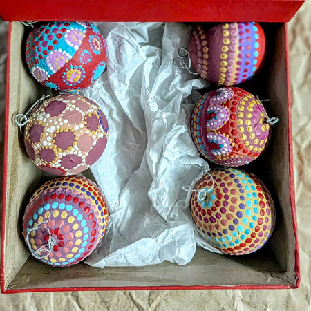 Collection of 6 Handpainted Recycled Paper Dot Art Baubles Boxed