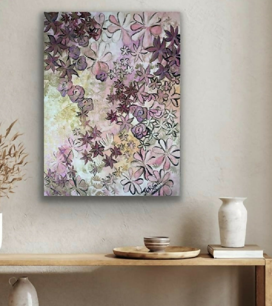 acrylic painting , on stretched canvas , Titled A spring garden , inspired from the sudden burst of flowers at spring