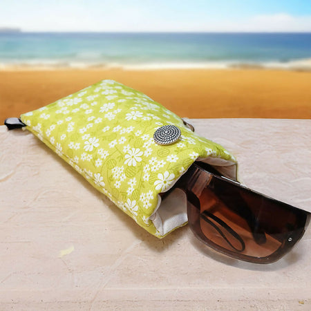 Sunglass case protector, eyewear case, lime green flower print fabric