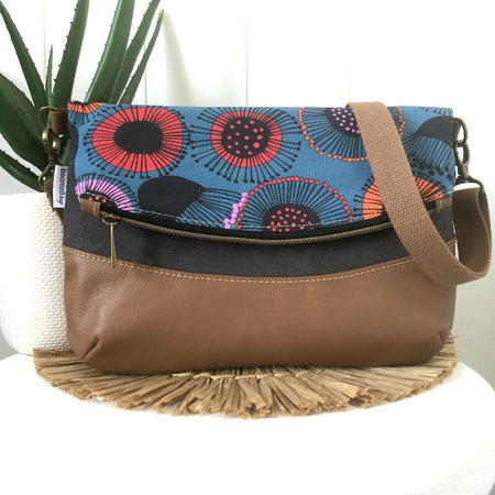 Fold Over Bag in Tan Leather, Grey Canvas and Gum Blossom Fabric