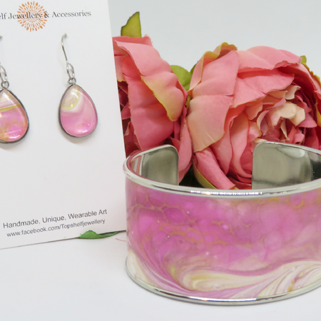 Pink Gold Acrylic Art Hand Painted Bracelet Cuff and Earring Set