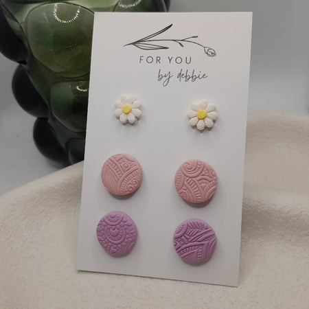 flower and pastel stud trio- polymer clay, hypoallergenic