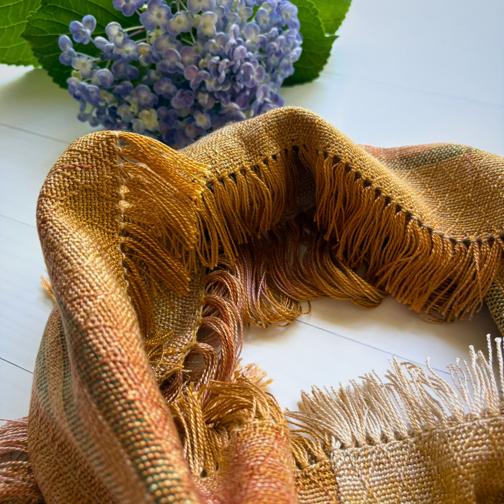 silk-cowl-gold-green-stitching-circle-closeup-handwoven-entangled-happiness-handwovens